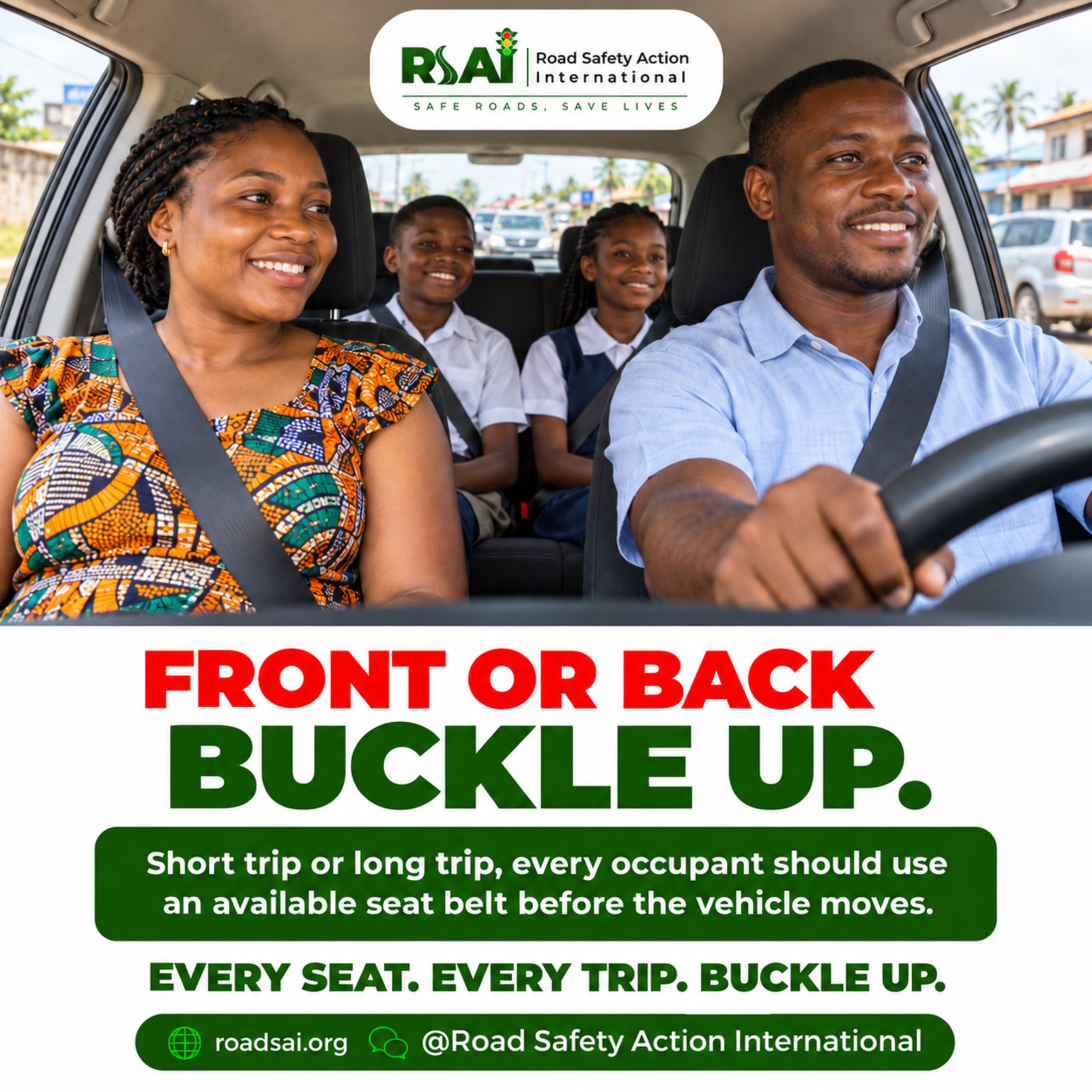 “Front or back, buckle up”: seat belt campaign post (14 October 2026).